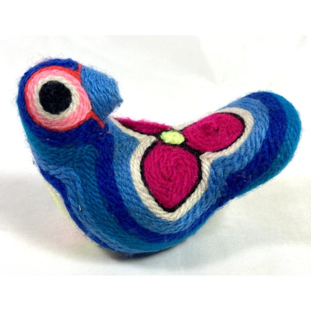 Huichol Yarn Art Blue Bird Handmade Figure Mexico Sculpture Vintage Folk Art